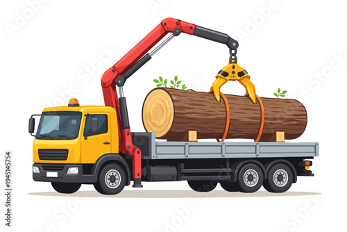 Yellow logging truck with a red hydraulic crane arm lifting a massive wooden tree trunk onto its flatbed trailer, industrial timber transport and forestry equipment vector illustration.