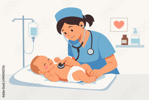 Female nurse or pediatrician in blue scrubs using a stethoscope to examine a cute newborn baby on a medical table in a clinic, healthcare and pediatric care concept flat vector illustration.
