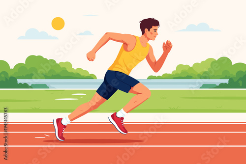 Young male athlete sprinting on a red running track in an outdoor stadium under a bright sun. Flat vector illustration of a man exercising for fitness, health, and sports competition training.
