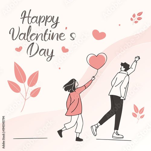 Illustration of happy valentines day illustration of a man and woman with a heart shaped balloon on a pink background with leaves and hearts
