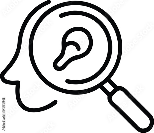 Ear Examination Icon with Magnifying Glass, Hearing Test Line Vector Illustration