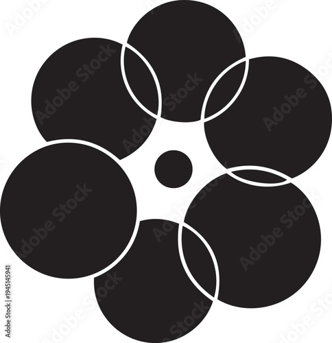 Black and white abstract geometric pattern of overlapping circles and a central dot 1