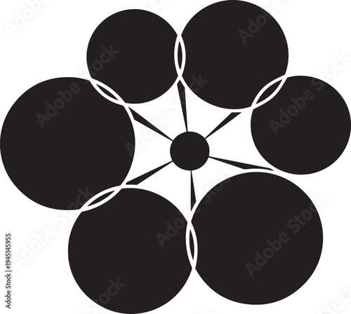 Black and white abstract geometric flower shape with overlapping circles and radiating lines