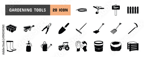 20 Gardening Tools Glyph Icon Illustration Set