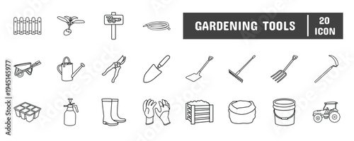20 Gardening Tools Line Icon Illustration Set