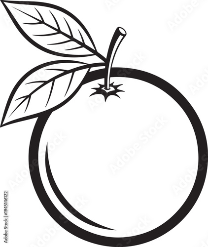 Black and white line of an orange with two leaves and a stem fruit citrus leaf