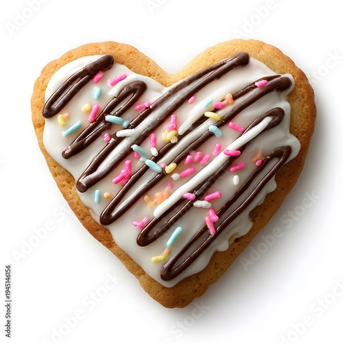 Heart Shaped Cookie with Icing, Sprinkles, and Chocolate Drizzle Isolated on White Background, Detailed Valentine Sweet Treat for Love and Baking Concept