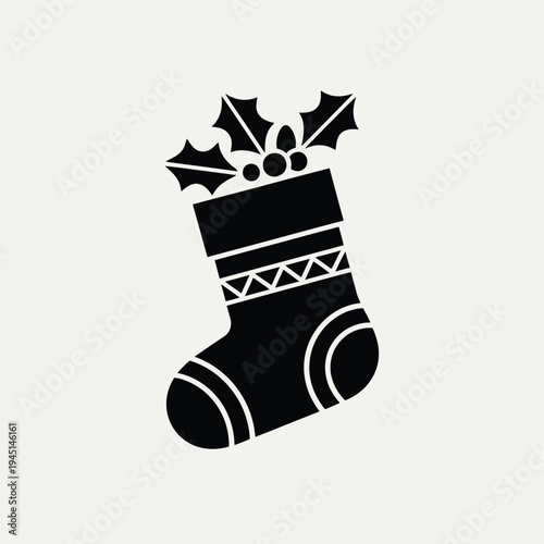 A festive red and white stocking with a snowflake and holly pattern hanging by a fireplace. isolated on white background, Vector, illustration