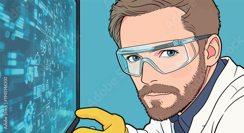 A scientist wearing glasses and gloves focuses on a computer screen that displays digital data and technology elements in a lab.