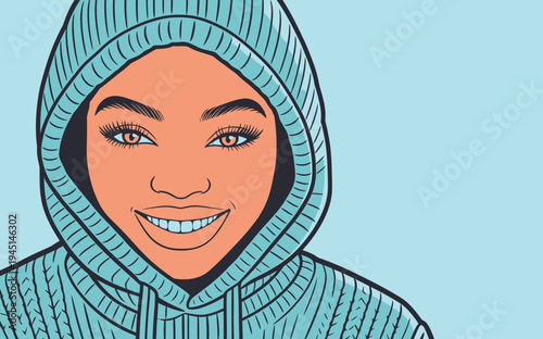 A person is smiling while wearing a blue hoodie. The background is a light color. The focus is on the person's happy expression.