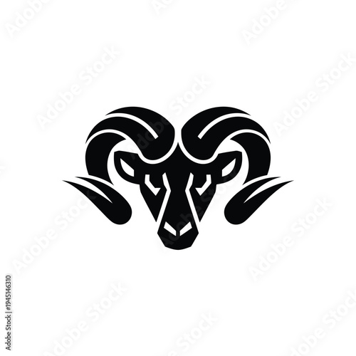 A detailed illustration of a ram's head with large, curved horns and a black outline isolated on white background, Vector, illustration