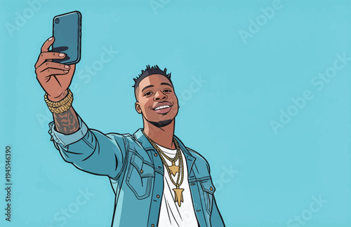 A man smiles and holds a smartphone in his hand while taking a selfie. He is wearing casual clothes and appears happy.