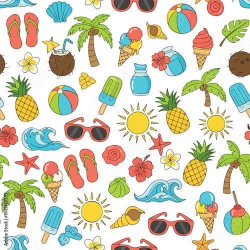 Tropical beach vacation pattern with palm trees, ice cream, and sun