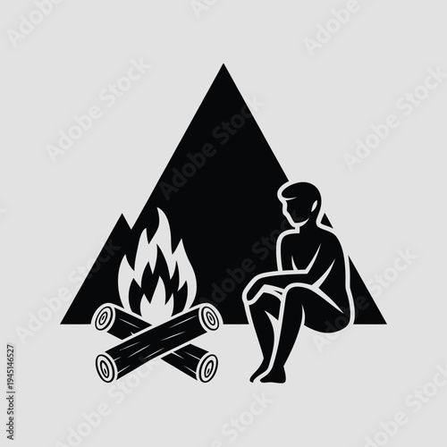 A silhouette of a person sitting by a campfire under a triangular warning sign. isolated on white background, Vector, illustration
