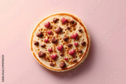 Round Pancake with Heart Shaped Fruit and Chocolate Toppings, Top Down View Sweet Breakfast with Syrup for Valentine Love Celebration Concept