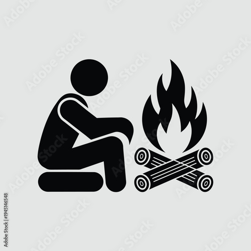 A person sitting in front of a campfire with flames and smoke rising upwards isolated on white background, Vector, illustration