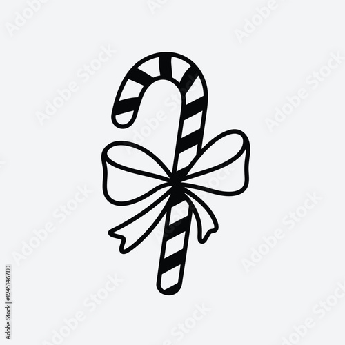 A festive candy cane with a decorative red ribbon tied around it. isolated on white background, Vector, illustration