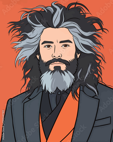 A man stands with long gray and black hair wearing a black suit with orange details. The background is bright orange.