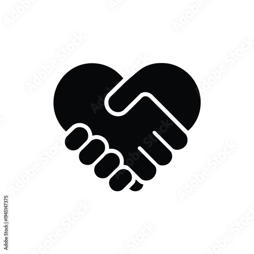 A black and white illustration of two hands shaking in the shape of a heart isolated on white background, Vector, illustration