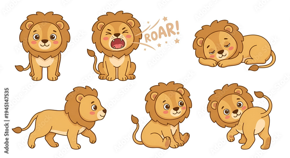 Fototapeta premium Cute lion character set in different poses such as sitting, walking, roaring, and resting. Cartoon animal illustration isolated on white background.