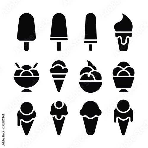 Assorted ice cream cones and popsicles in various flavors and styles isolated on white background, Vector, illustration