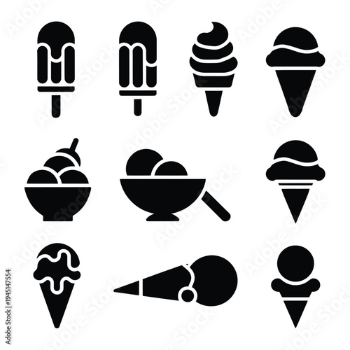 Assorted ice cream cones and popsicles in various shapes and sizes. isolated on white background, Vector, illustration