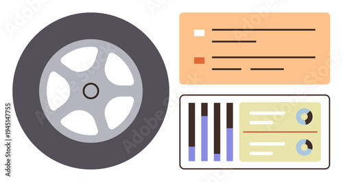 Automotive data analysis, transportation insights, car wheel imagery, statistical charts, vehicle trends, reporting tools. A car wheel next to data charts and graphs. Automotive data analysis