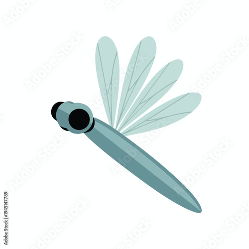 Stylized light blue insect with large black eyes and translucent wings