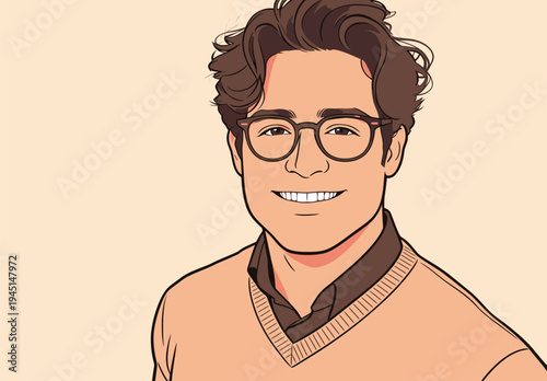 A young man stands and smiles while wearing glasses and a sweater in a simple setting. He appears confident and friendly.