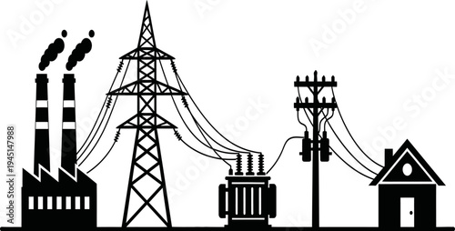 Industrial landscape with power lines and factory