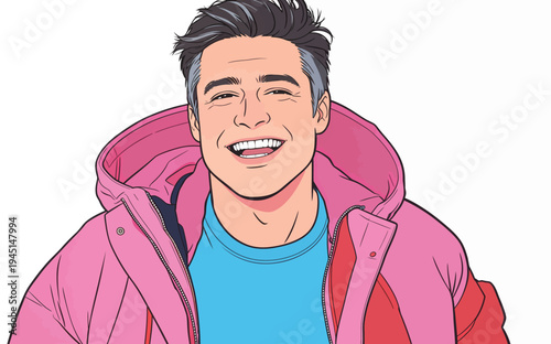 A man is smiling broadly while wearing a pink jacket over a blue shirt. He looks happy and relaxed in a joyful atmosphere.