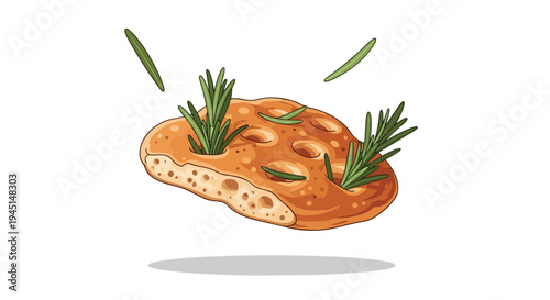 Fresh Baked Focaccia Bread with Rosemary Sprigs Illustration