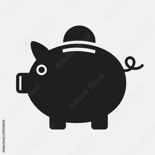 A black piggy bank with a coin slot on its head and a chain attached to its side. isolated on white background, Vector, illustration