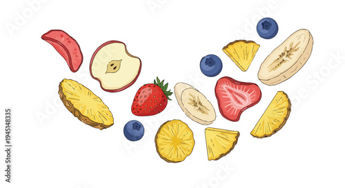Hand Drawn Assorted Fresh Fruit Slices and Berries Collection