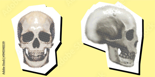 Set human skull editable halftone scrapbook element vector for retro punk posters. Ideal for symbolizing pop art anatomy, grunge death, and vintage bones.
