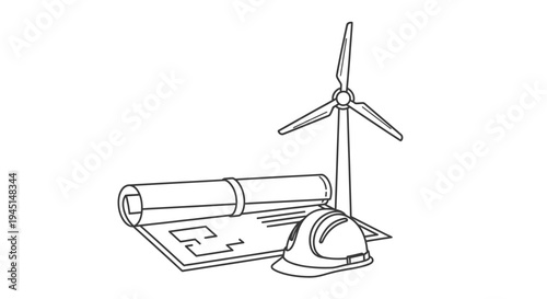 Wind turbine with blueprint and helmet.