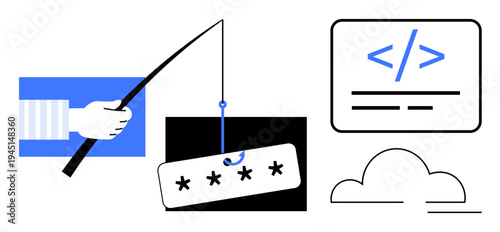Cybersecurity, online fraud, password security, phishing attacks, cloud vulnerability, data protection. Visual of a phishing hook targeting a password and a cloud with a code snippet. Cybersecurity