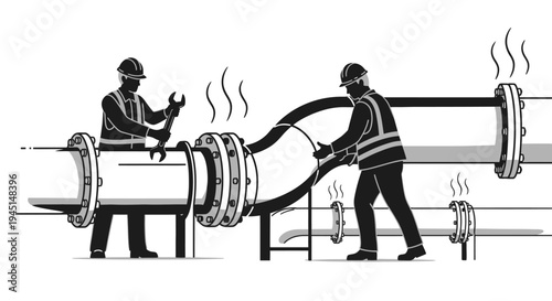 Two workers in hard hats connecting pipes.