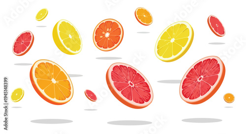 Fresh Citrus Fruit Slices Floating on White Background