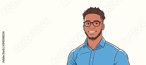 A young man stands with a friendly smile wearing glasses and a blue shirt. The background is light and plain.