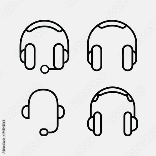 Four different types of headphones and earphones, including over-ear and in-ear designs isolated on white background, Vector, illustration