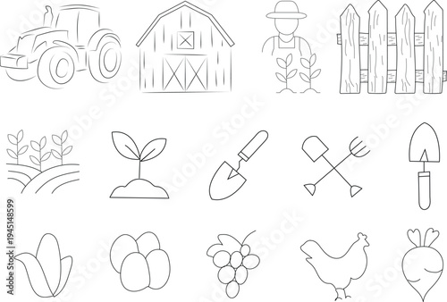 Set of 12 farm icons vector, line style