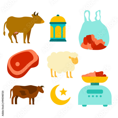 Eid al-Adha vector illustration set featuring Islamic sacrificial festival elements. This flat design collection includes cows, sheep, raw meat, meat weighing scale, mosque lantern, crescent moon 