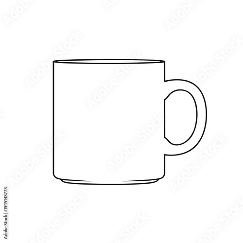 A simple black and white outline drawing of a classic cylindrical mug with a curved handle
