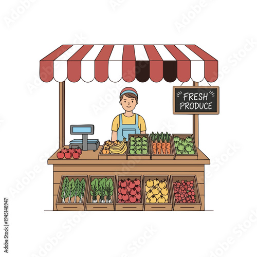 A cheerful vendor stands behind a stall displaying abundant fresh fruits and vegetables