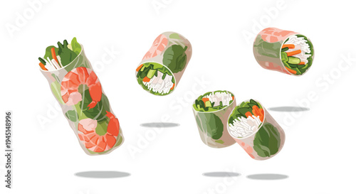 Fresh Vietnamese Spring Rolls with Shrimp and Vegetables Illustration