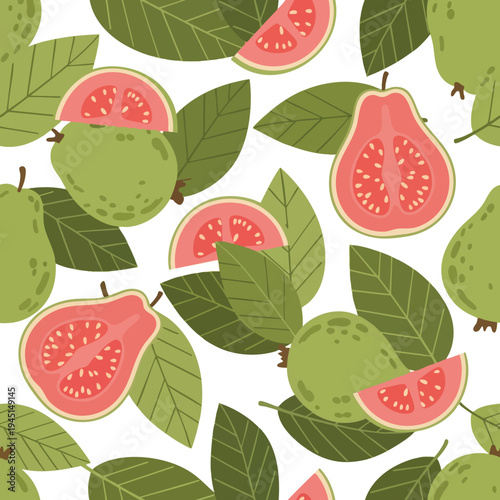 A repeating pattern of fresh green guavas and vibrant pink slices with leaves