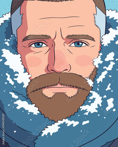 A man with a beard stands outdoors in a snowy environment with blue eyes and winter clothes. Snow gathers in his coat.