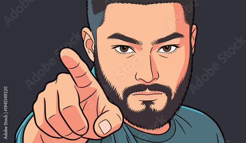 A man with a beard is pointing directly ahead with a focused look. He appears engaged in a conversation.