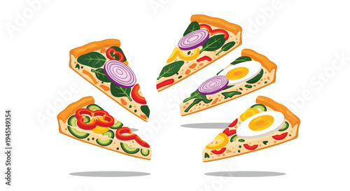 Set of Delicious Vegetable and Egg Pizza Slices Isolated on White Background